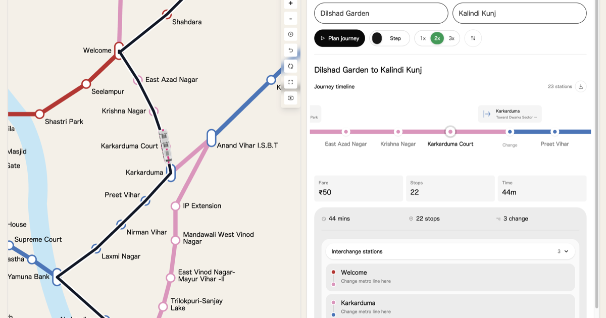 Delhi Metro route planner with interactive map and journey details